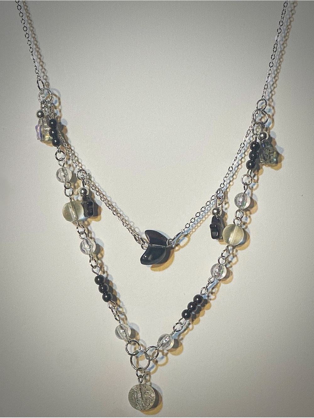 Layered Silver Necklace with Black and Clear Beads